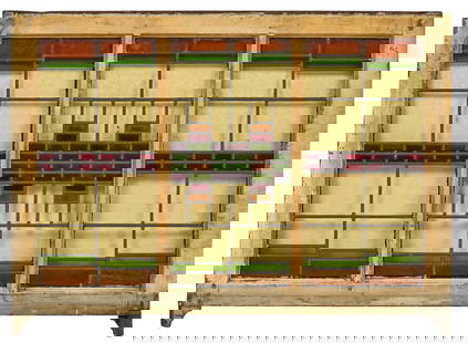 Stained Glass Panel: Stained glass window in painted wooden frame height 33 in. x width 44.5 in. x depth 1.5 in.&nbsp; Provenance: Property from the personal collection of a long-time Floresville, Texas antiques collector