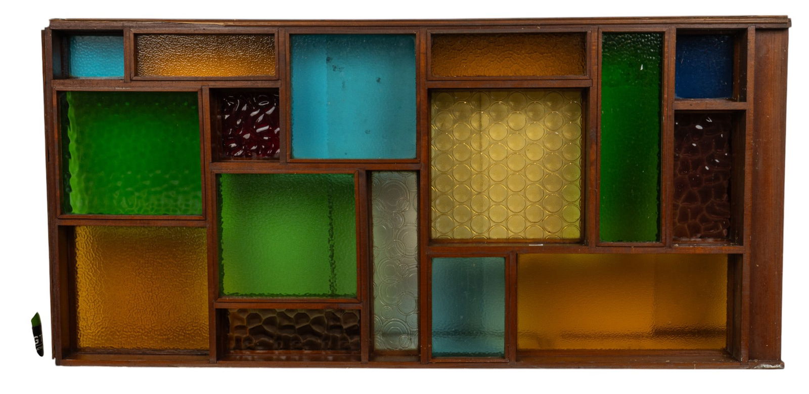 Mid-Century Stained Glass Panel: Mid-century stained glass panels in wooden frame height 38 in. x width 80 in. x depth 6 in. 