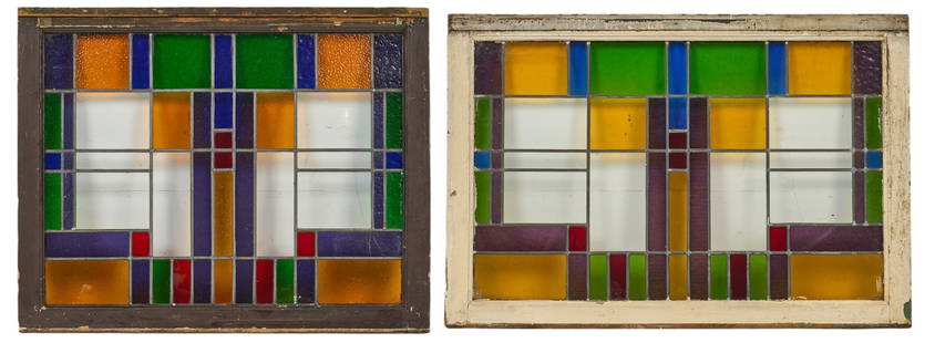 Pair of Stained Glass Windows: Two stained glass windows in painted wooden frames&nbsp; height 32 in. x width 47 in. x depth 2 in. / largest Provenance: Property from the personal collection of a long-time Floresville, Texas antiqu
