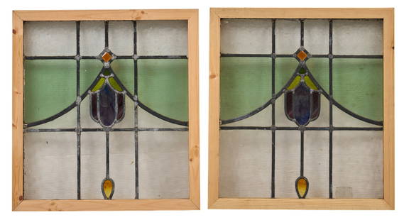 Pair of Stained Glass Windows: Pair of stained glass windows height 23.5 in. x width 22 in. x depth 1.5 in. each