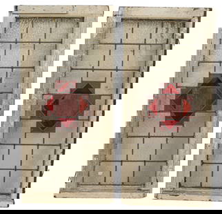 Pair of Stained Glass Windows: Pair of stained glass windows in wooden frames height 51 in. x width 24 in. x depth 6 in./ each