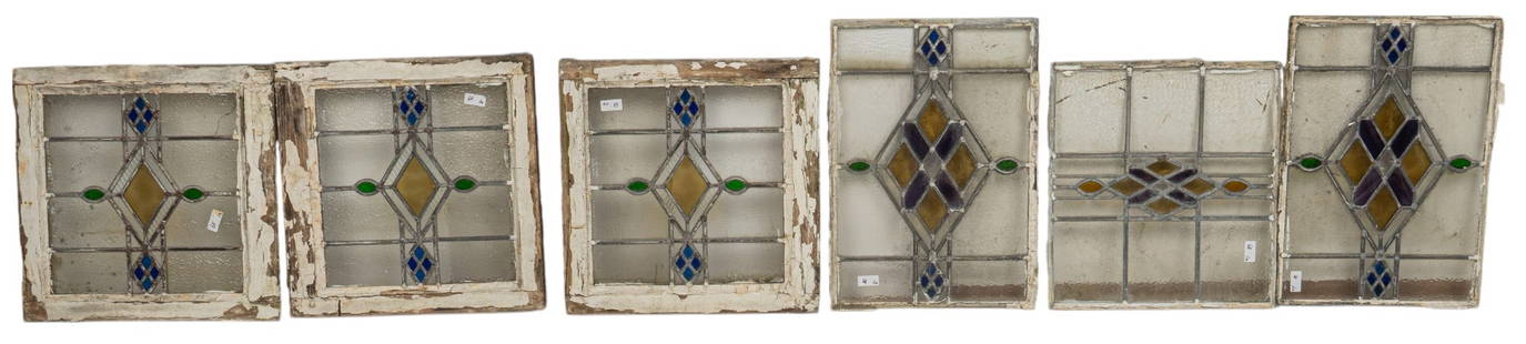 Set of (10) Stained Glass Windows: Set of ten stained glass windows, with seven in wooden frames height 24 in. x width 18.2 in. x depth 2 in. / largest