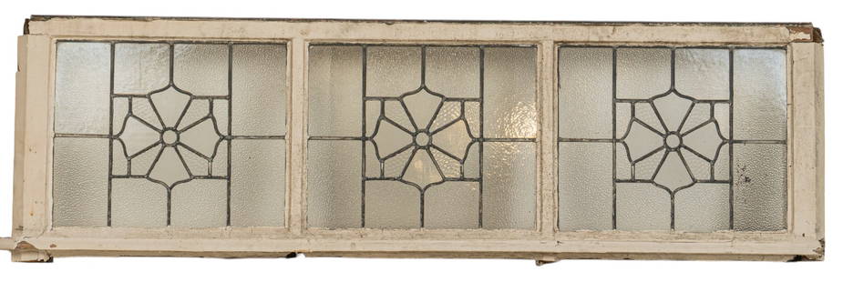 Leaded Glass Window: Leaded&nbsp;glass window with three panels in wooden frame height 23 in. x width 76 in. x depth 7 in.