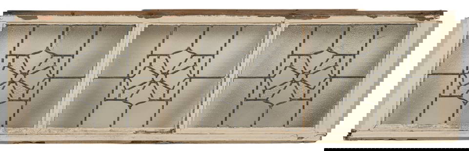 Leaded Glass Window: Leaded glass window with three panels in wooden frame height 22 in. x width 74.5 in. x depth 6 in.