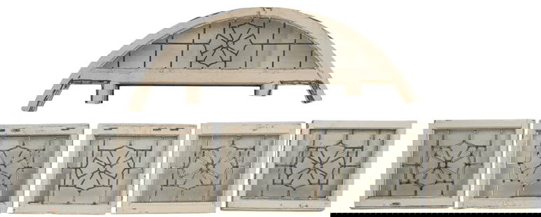 Set of (6) Leaded Glass Windows: Set of five leaded glass windows in wooden frame, with one transom window frame height 22 in. x width 61 in. x depth 5 in. / transom window