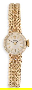 14K Rolex Watch: 14K gold Rolex watch with woven bracelet, marked "14K" Circumference: 6 in. Total weight: 19.9 g Provenance: Property from the Alamo Heights home of late San Antonio, Texas civic leaders Samuel Chilto