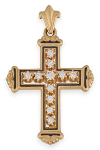 14K Diamond Cross Pendant: 14K gold diamond cross pendant with two rows of inlaid diamonds and black enamel detail, marked "14K"Pendant with bale: 1.5 in. Total weight: 5.0 g Provenance: Property from the