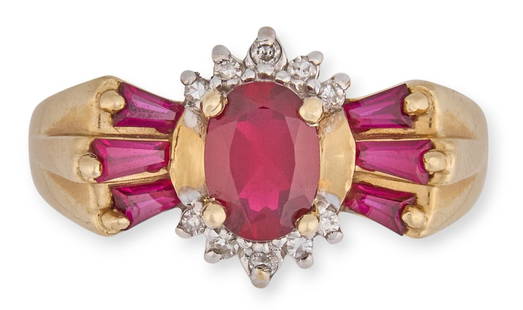 14K Synthetic Ruby & Diamond Ring: 14K gold synthetic ruby and diamond ring featuring central oval ruby (approx. 8.38 x 6.55 x 2.98 mm) with diamond halo and baguette cut rubies, size 7, marked "14K"Total weight: 5.5 g 
