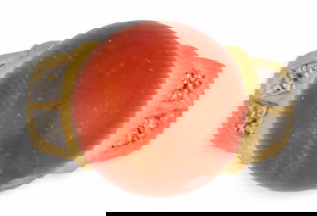 18K Coral and Diamond Ring: 18K gold spherical coral and diamond ring featuring inlaid coral and small inlaid diamonds, size 7, marked "750"Total weight: 13.0 g 