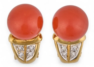 18K Coral and Diamond Earrings