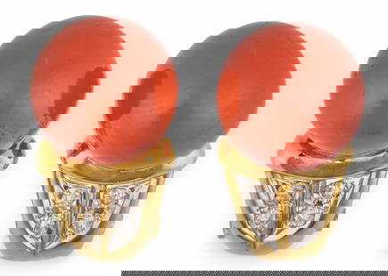 18K Coral and Diamond Earrings: 18K gold spherical coral and diamond earrings featuring inlaid coral and small diamonds, marked "750"Length: 1 in. Total weight: 10.3 g 