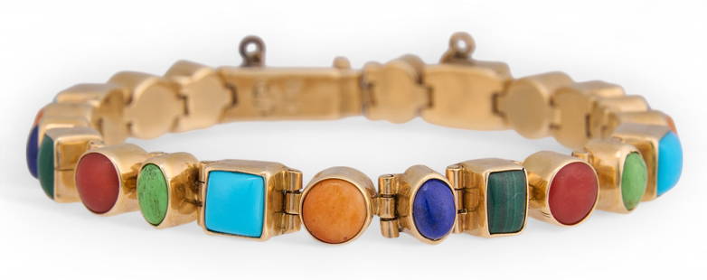 14K Multi-Stone Bracelet: 14K gold multi-stone gemstone bracelet featuring inlaid turquoise, coral, lapis, and malachite, marked. "14K JD" Circumference: 8 in. Total weight: 17.6 g 