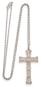 14K White Gold Art Deco Diamond Cross Necklace