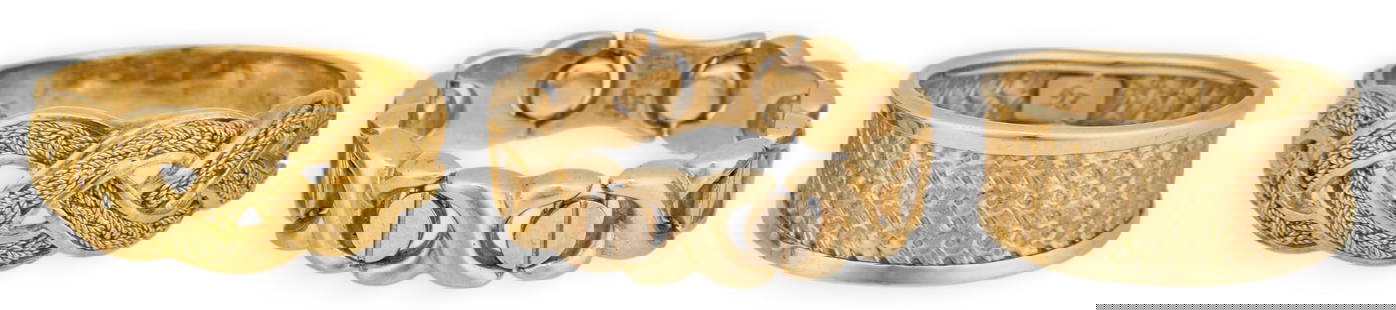 (3) 14K Rings: Three 14K gold rings including one articulated chain ring, size 10.5, marked &quot;14K Turkey&quot;, one woven pattern ring, size 10.5, marked &quot;14K&quot;, one cross hatch pattern ring, size 9, ma