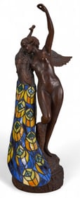 Art Nouveau Style Stained Glass and Bronze Lamp