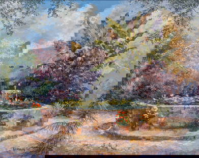 Robert Hamman, Spanish Governor's Palace Courtyard: Robert Hamman (b. 1938, Texas),&nbsp;Spanish Governor&#39;s Palace courtyard, oil on canvas sight: 24 x 30 in., frame: 29.5 x 35.5 in.