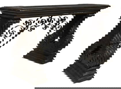 Console Table with Iron Scrollwork: French style hardboard wood console table featuring wrought iron scroll motifs, large column form ballusters, and an inlaid granite top height 40 in. x width 71 in. x depth 24 in. Provenance: Property