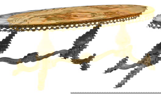 Brass and Onyx Coffee table: Brass and onyx coffee table with scrolled apron, supported on brass legs with scrolled legs and stretcher height 18.5 in. x width 48 in. x depth 21 in. 