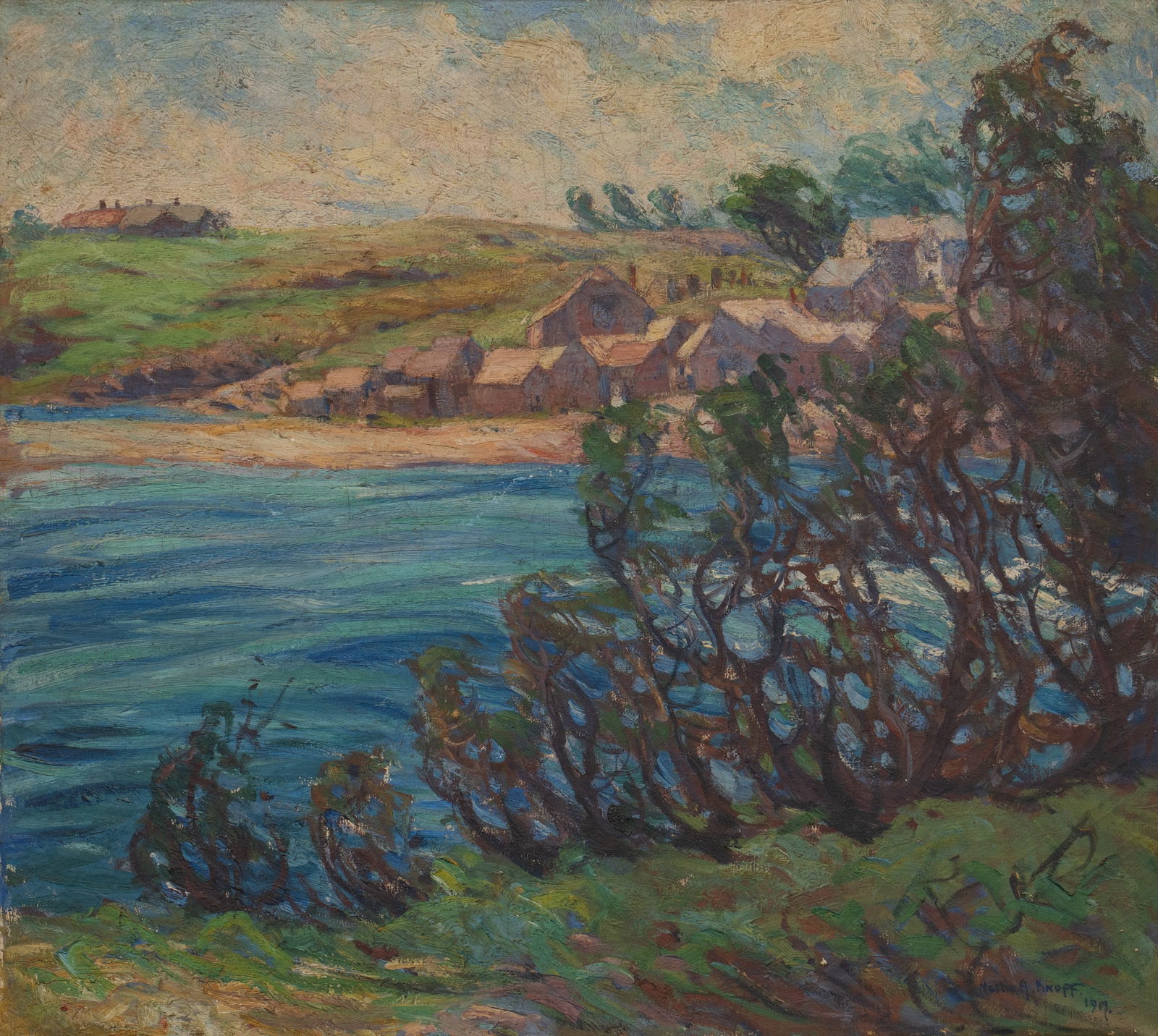 Nellie A. Knopf, "Fishing Village at Oganguit, M.E.": Nellie A. Knopf (Illinois / Michigan, 1875-1962), "Fishing Village at Ogunquit, ME", 1917, oil on canvas sight: 26.5 x 29.5 in., frame: 33 x 26 in. Provenance: Property from a home in Rockpo