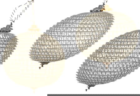 Pair of Sphere Empire Style Beaded Chandeliers: Pair of Empire style chandeliers with sphere design, beaded crystals, and brass mountings&nbsp; height 30 in. x width 18 in. x depth 18 in. / each&nbsp;
