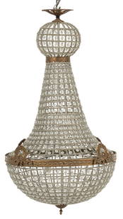 Empire Style Beaded Chandelier: Empire style chandelier with beaded crystals, and brass stag head mountings height 38 in. x width 32 in. x depth 32 in.&nbsp;