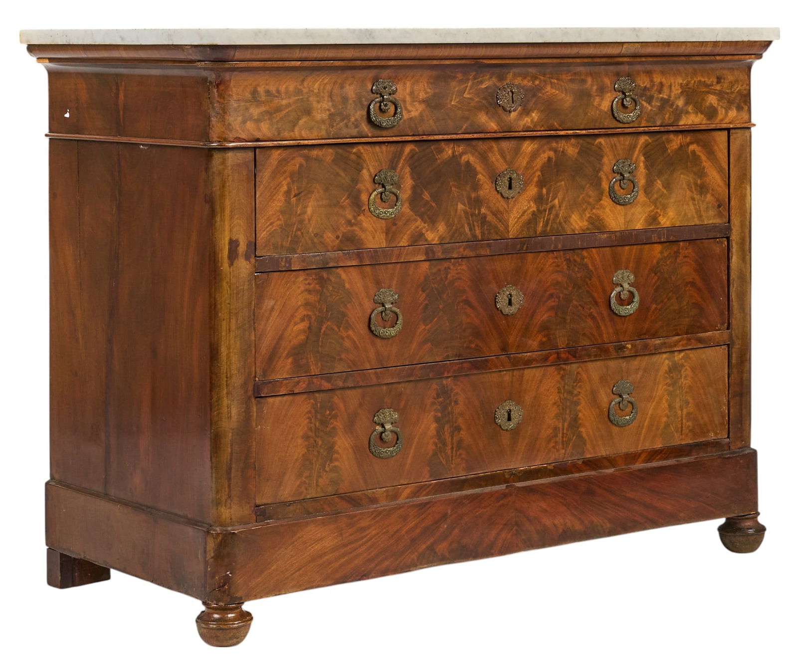 Marble Top Four-Drawer Dresser: Vintage four-drawer dresser with a marble top, and decorative pulls, supported on turned feet height 37 in. x width 47 in. x depth 22.5 in. Provenance: Property from a home in Corpus Christi, Texas