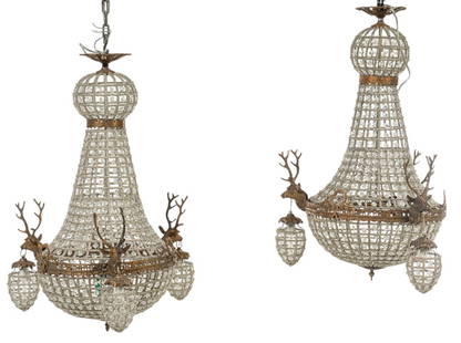 Pair of Empire Style Beaded Chandelier: Pair of Empire style chandelier with beaded crystals, and brass stag head mountings height 30 in. x width 20 in. x depth 21 in. / each