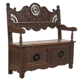 Antique Carved Oak Storage Bench