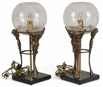 Pair of Glass and Brass Cherub Lamps