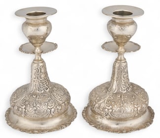 Pair of .800 Fine Silver Repousse Candle Holders