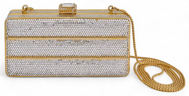 Judith Lieber Clutch Purse: Judith Lieber clutch purse, rectangular purse featuring inlaid white crystals with strap&nbsp; height 3 in. x width 5.5 in. x depth 1 in. Strap length: 48 in.&nbsp; Condition: Some missing crystals Pr