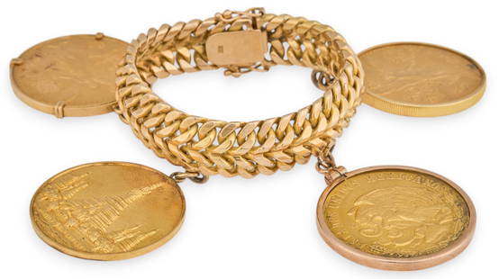 18K Chain Bracelet with Gold Coin Charms: 18K gold chain bracelet with gold coin charms, featuring two 50 Peso Mexican gold coins, one 1962 Cinco de Mayo gold medallion coin, one faux gold coin, marked &quot;18K&quot; Circumference: 7.5 in.&n