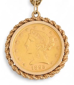14K $5 Half Eagle Gold Coin Pendant Necklace