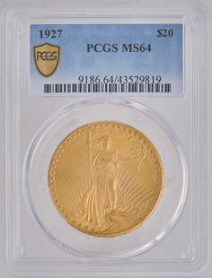 1927 $20 Double Eagle St. Gaudens Gold Coin: 1927 $20 double eagle St. Gaudens&nbsp;gold coin, MS-64, slabbed and graded Provenance: Property from the collection of a San Antonio, Texas oil and gas entrepreneur