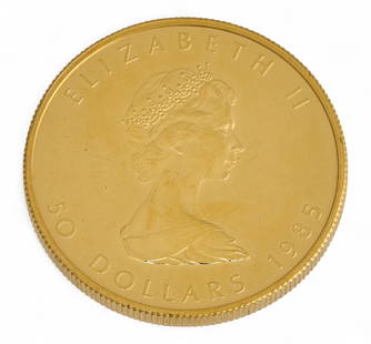 1985 $50 Canadian Gold Maple Leaf Coin: 1985 $50 Canadian gold maple leaf coin&nbsp; Total weight: 30.9 g&nbsp; Provenance: Property from the collection of a San Antonio, Texas oil and gas entrepreneur