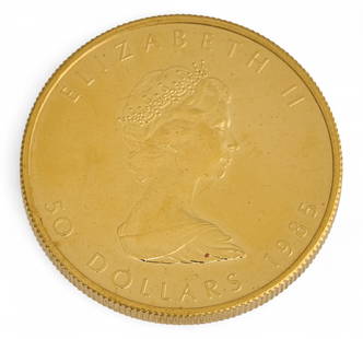 1985 $50 Canadian Gold Maple Leaf Coin: 1985 $50 Canadian Gold Maple Leaf coin&nbsp; Total weight: 31.2 g&nbsp; Provenance: Property from the collection of a San Antonio, Texas oil and gas entrepreneur