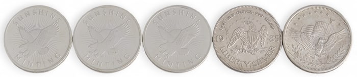 (5) Sunshine Minting Silver 1 ozt Rounds