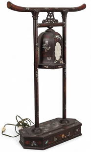 Japanese Mother of Pearl Inlay Lamp: Japanese bronze lamp with mother of pearl inlay, bell-shaped shade with mother of pearl floral and bird motifs, on&nbsp;octagonal base with drawer, in working condition height 25.5 in. x width 20 in.