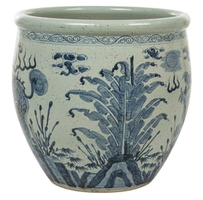 Large Asian Blue & White Porcelain Fish Bowl