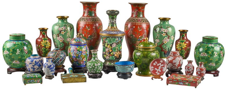Collection of Asian Vases: Collection of Asian vases, most with cloisonne construction, in various styles and sizes, some with wooden stands height 14 in. x width 6 in. x depth 6 in. / largest Provenance: Property from the esta