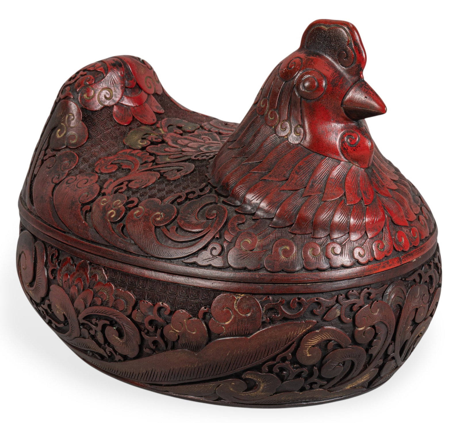 Cinnabar and Lacquer Chicken: Cinnabar and lacquer chicken vessel with lid height 9.5 in. x width 9 in. x depth 11 in. Provenance: Property from a home in Helotes, Texas
