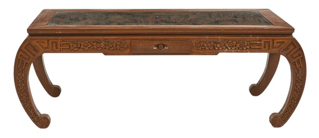Asian Carved Wood Coffee Table with Glass Top