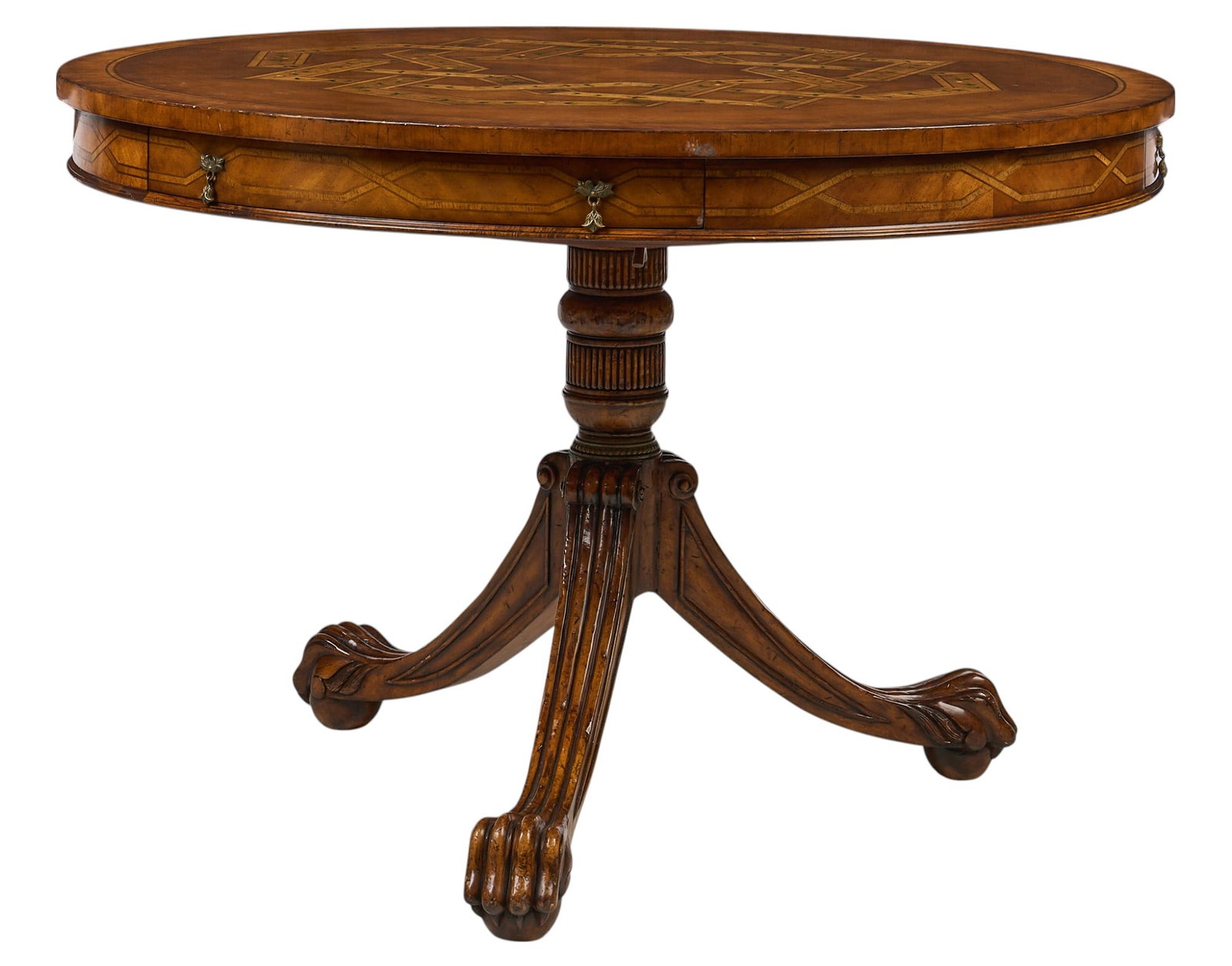 English Inlaid Table: English wooden table with circular top with inlaid interlaced pattern with floral motifs, and three drawers, supported on carved pillar base that branches into carved tripod legs ending in claw and ba