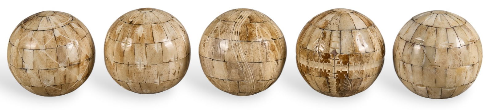(5) Decorative Inlaid Bone Spheres: Set of five decorative hand-carved inlaid bone spheres, each with carved pattern diameter 4.5 in. / each Provenance: Property from the Hill Country Village home of late celebrated architects
