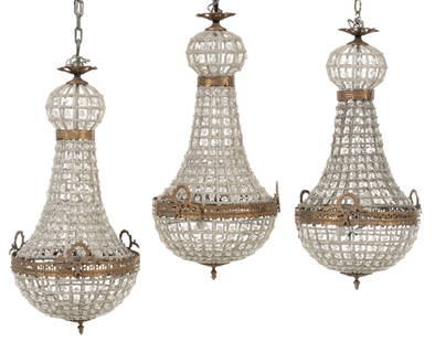 (3) Empire Style Beaded Chandelier: Three Empire style beaded crystal chandelier with brass mountings&nbsp; height 30 in. x width 22 in. x depth 22 in. / largest &nbsp;