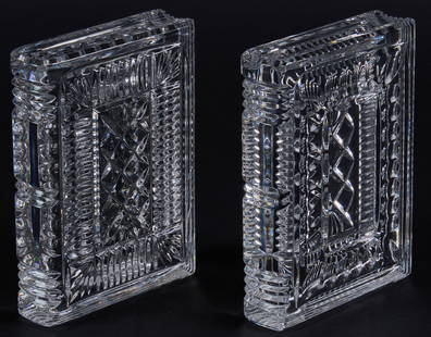 Pair of Waterford Bookends: Pair of Waterford crystal bookends, in discontinued "Walden" pattern, marked height 6.5 in. x width 4.75 in. x depth 1.5 in. / each Provenance: Property from a home in Brackettville, Te