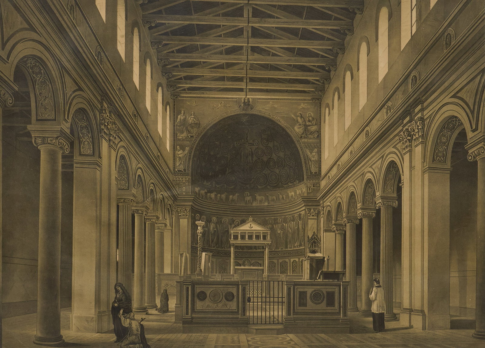 Antique Church Interior View: Antique aquatint or lithograph of a church interior with view of nave and altar sight: 20 x 27.5 in., frame: 26.5 x 35.5 in.