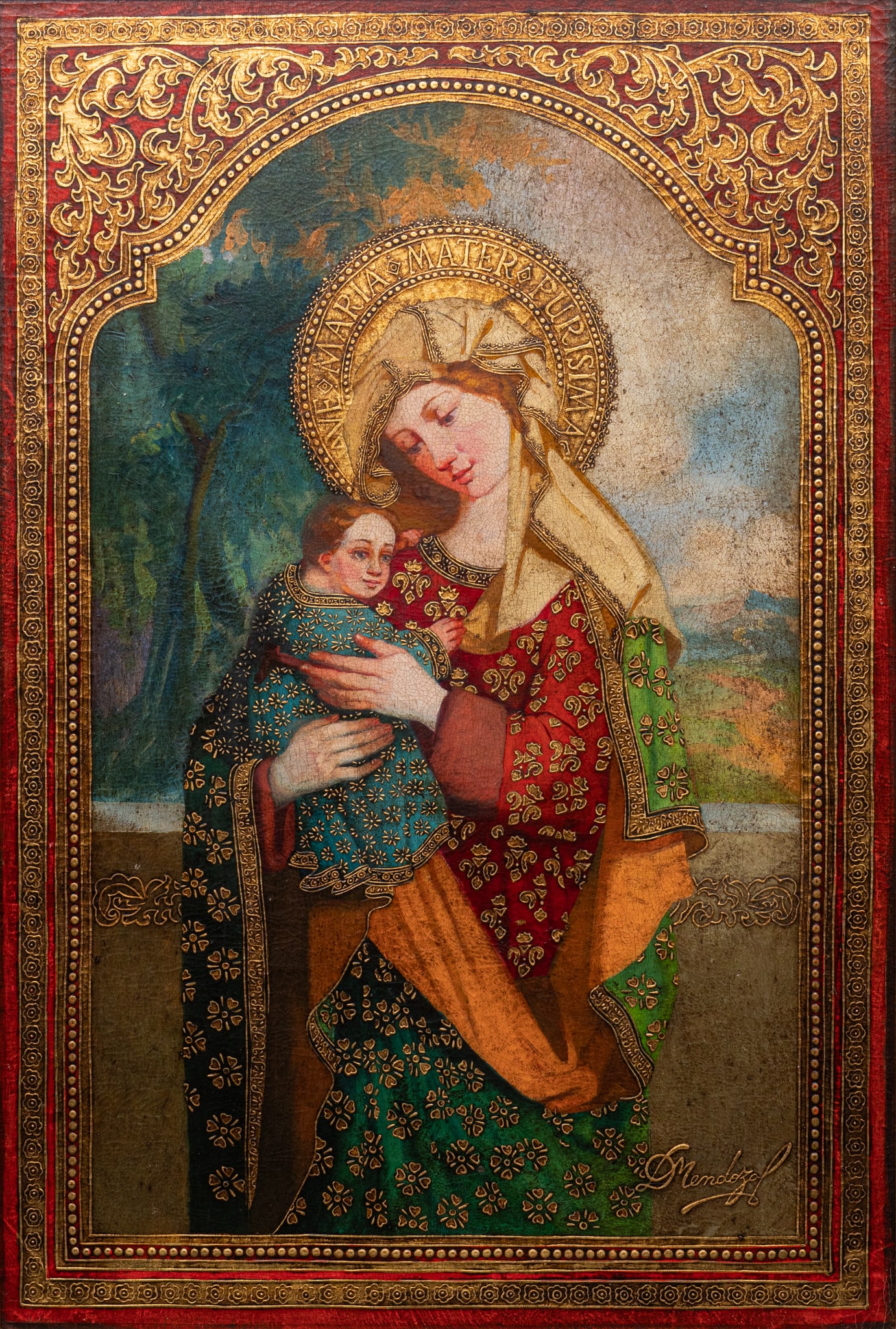 Diana Mendoza, Mary and Christ Child: Diana Mendoza (Peru, 20th C.), Mary and Christ Child in archway with sky in background, oil on canvas sight: 36 x 24 in., frame: 43 x 31 in. Provenance: Property from a large home in M