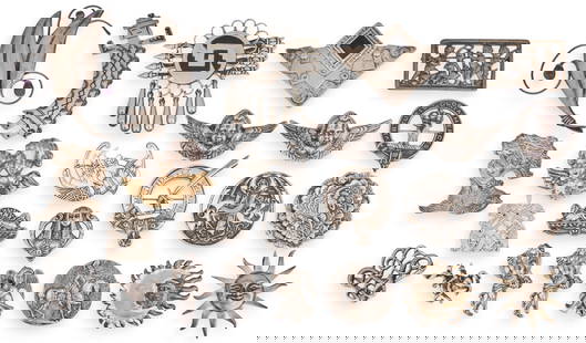 Collection of Sterling Silver Figural Brooches: Collection of sterling silver figural brooches including suns, cherubs, flower, mermaid, most marked &quot;Sterling&quot; Total weight: 13.06&nbsp;ozt Provenance: Property from an Alamo Heights, Texas