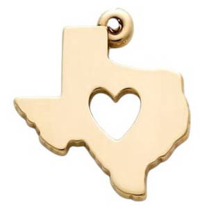 For Flood Victims | James Avery Heart of Texas Charm: 100% proceeds to flooding victims - James Avery Jewelers (Kerrville, Texas) 14K Deep in the Heart of Texas charm (CM-574); James Avery is donating 100% of the full-value proceeds of this charm to